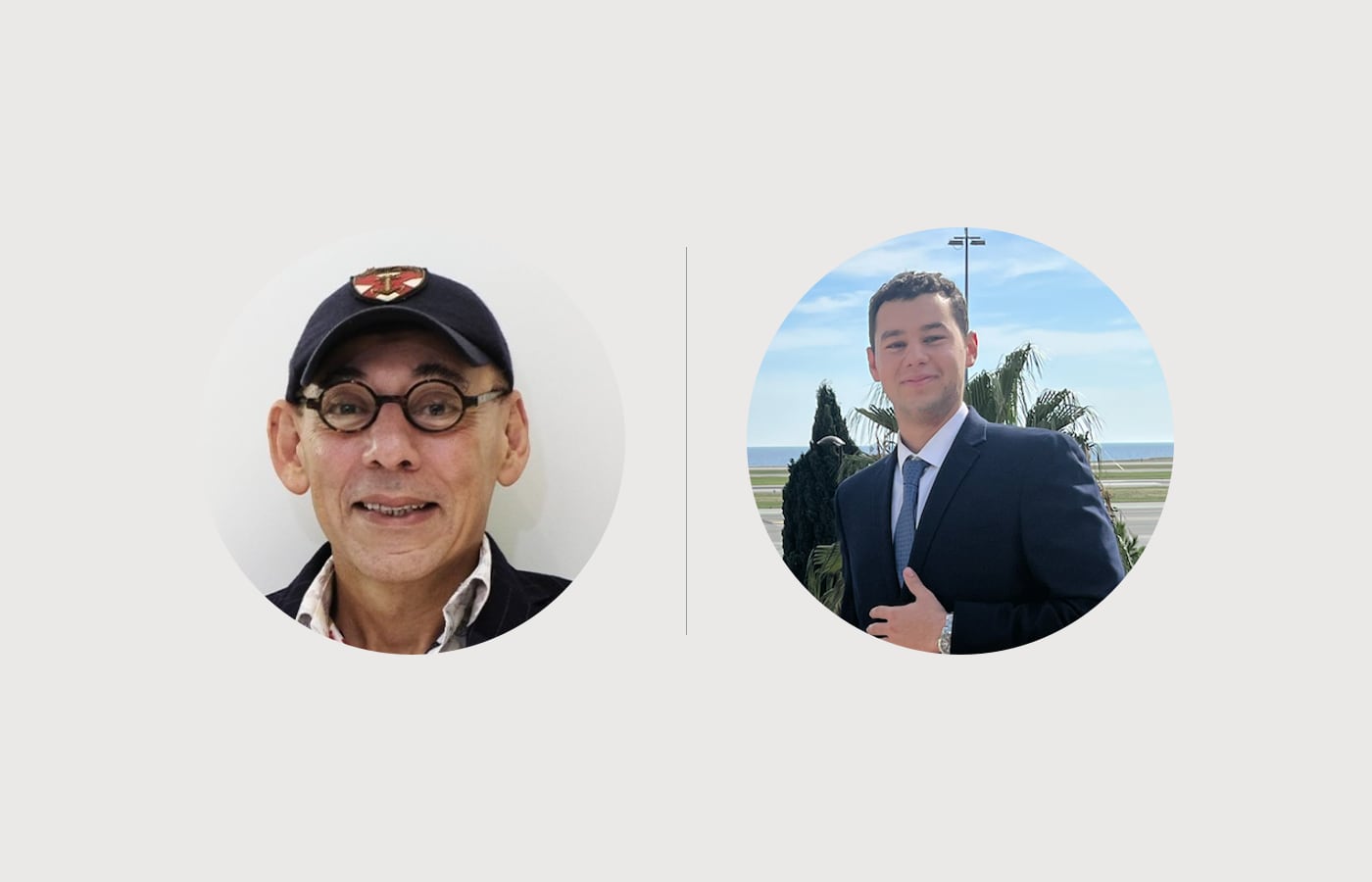 Two portraits side by side — Prof. Bakr Rabie on the left, and his son and co-founder Adam Rabie on the right.