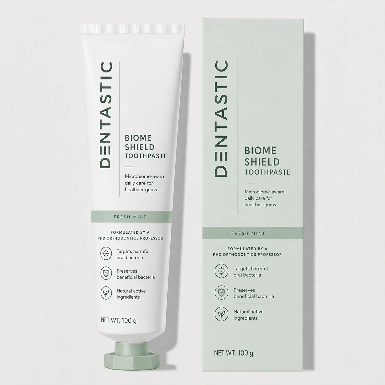 DENTASTIC Biome Shield Toothpaste, tube and carton